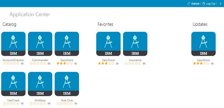 Home screen with the applications available in each category (Catalog, Favorites, Updates).