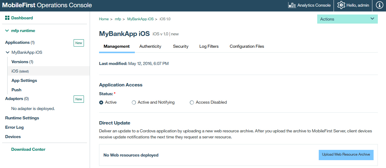 Shows how to upload a direct update archive in the console