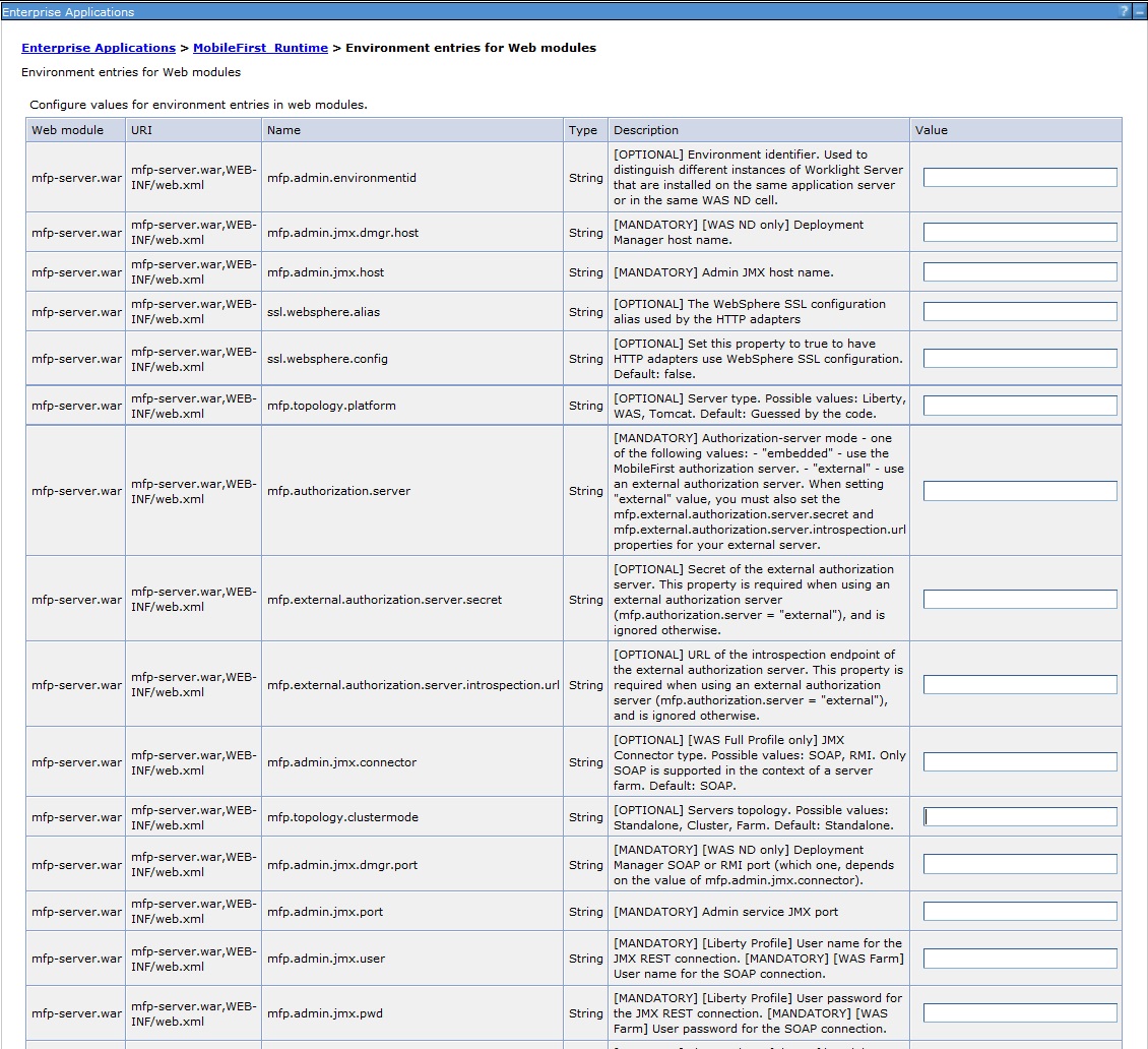 The screen capture shows the table for setting environment entries for web modules in the WebSphere Application Server administration console.