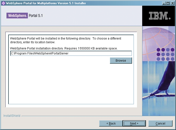 Screen capture: Choose WebSphere Portal installation directory panel