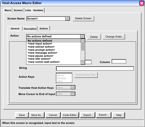 Actions tab of the Macro
Editor