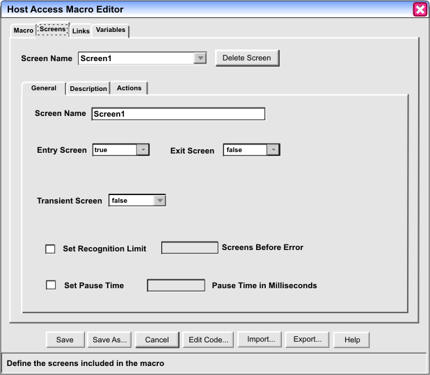 The Screens tab of the Macro
Editor