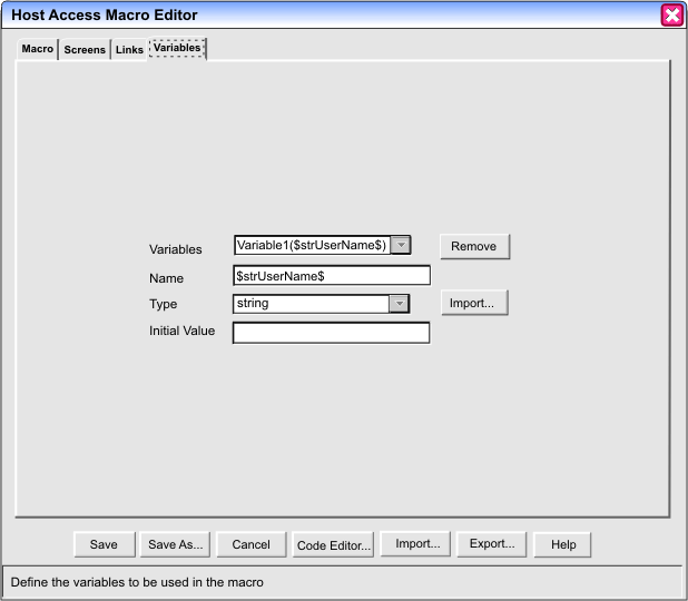Variables tab of the Macro Editor