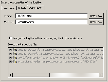 import log file dialog box showing prefilled fields for project and monitor