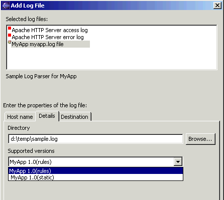 Import Log wizard showing the myapp myapp.log as an option to import