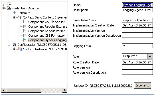 Outputter component of the context is opened in the right pane