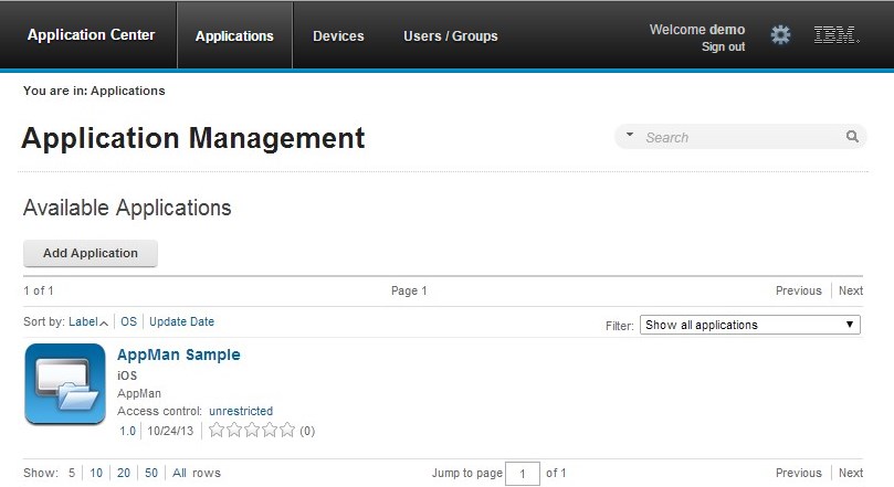Page for managing applications that shows an available application AppMan Sample version 1.0 with unrestricted access control and a button to add another application.