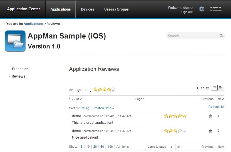 Screen capture of available Application Reviews.