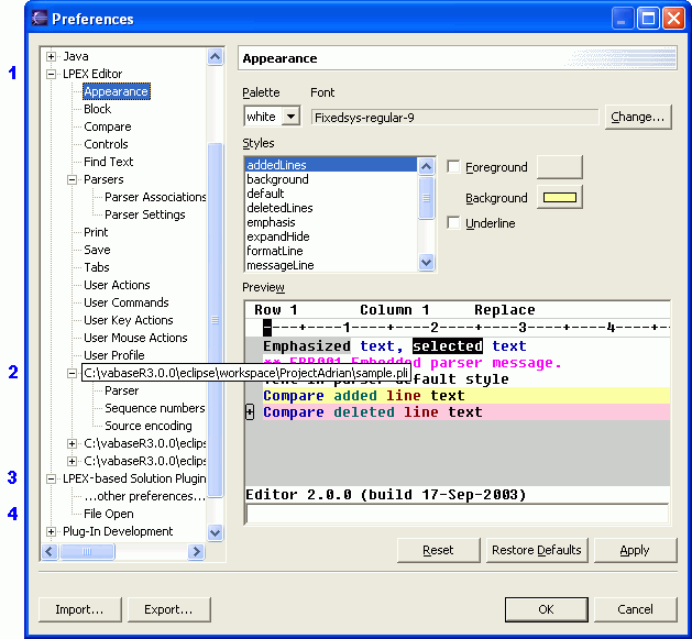 Sample LPEX Editor items in the preferences dialog